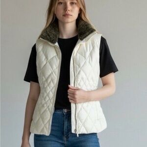 Eddie Bauer ivory Quilted Puffer Jacket Fur Collar L Large Vest Goose Down #65